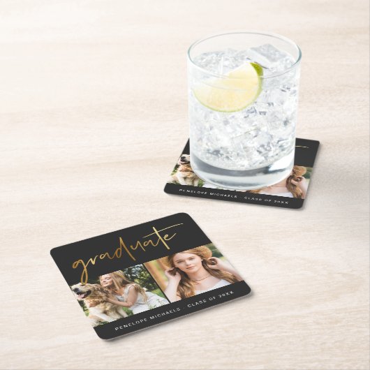 Moderne Imitate Gold Graduate Script Foto Grid Bla Rechteckiger Pappuntersetzer (Vor Ort)