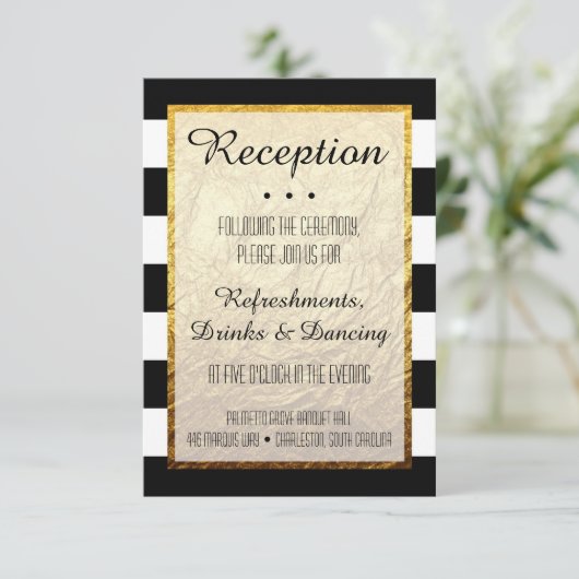 Moderne Imitate Gold Schwarz-weiß Strip Empfang Hi Einladung (Stehend Vorderseite)
