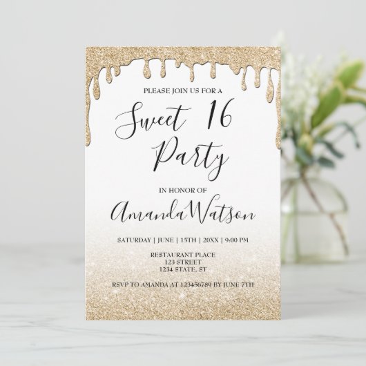 Moderne Imitate Gold tropfen Gold Glitzer ombre Einladung (Stehend Vorderseite)