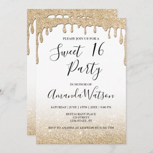 Moderne Imitate Gold tropfen Gold Glitzer ombre Einladung (Vorne/Hinten)