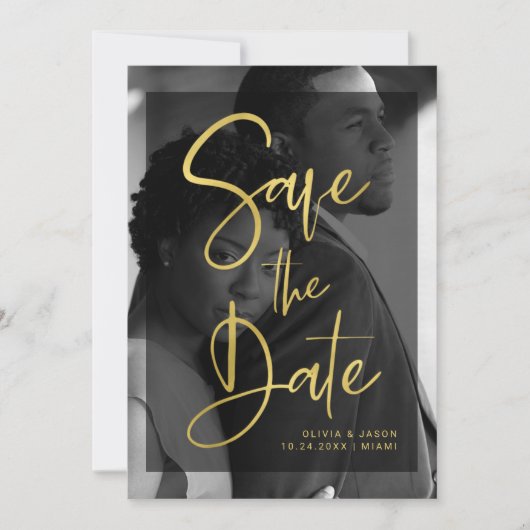 Moderne Imitate Gold und Black Overlay | FOTO Save The Date (Vorderseite)