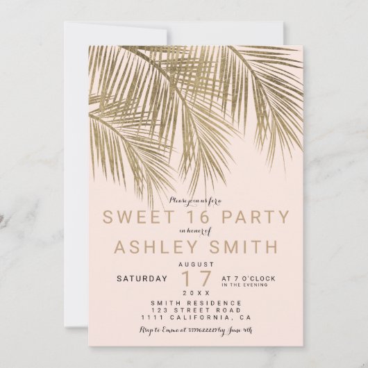 Moderne Imitate Goldpalme elegante rosa Sweet 16 Einladung (Vorderseite)