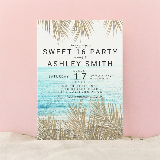 Moderne Imitate Goldpalme Strand Foto Sweet 16 Einladung