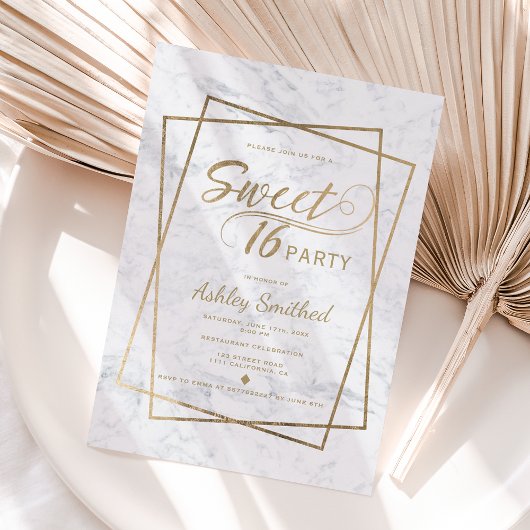 Moderne Imitate Goldtypografie Marmor Sweet 16 Einladung
