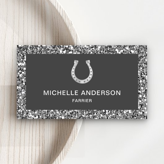 Moderne Imitate Grau Glitzer Horseshoe Farrier Visitenkarte