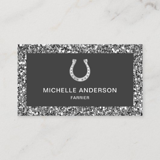 Moderne Imitate Grau Glitzer Horseshoe Farrier Visitenkarte (Vorderseite)