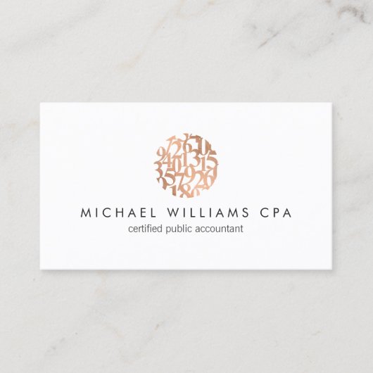 Moderne Imitate Kupfer Rose Gold Zahlen Buchhalter Visitenkarte (Vorderseite)