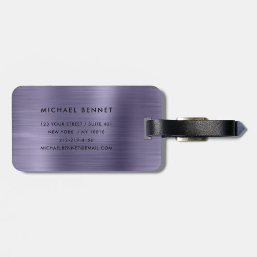 Moderne Imitate Lila Metallic Monogramm Gepäckanhänger (Rückseite horizontal)