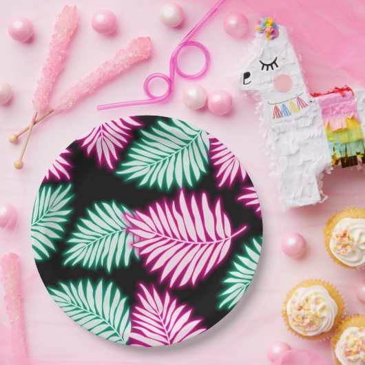 Moderne Imitate Neon Pink Green Tropcal Blätter Pappteller (Party)