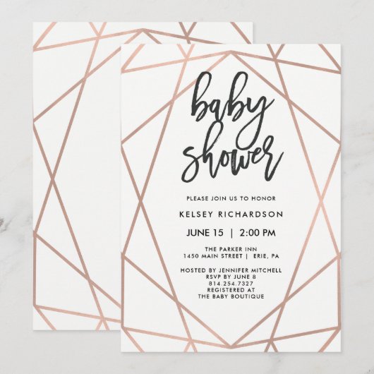 Moderne Imitate Rose Gold Geometrie | Babydusche Einladung (Vorne/Hinten)