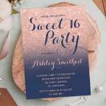 Moderne Imitate Rose Gold Glitzer ombre Marine Swe Einladung<br><div class="desc">Moderne,  hübsche Imitate Rose Gold Glitzer Dusche ombre mit marineblau bluecolor Block Sweet 16 Geburtstagsfeier Einladung mit Rose gold ombre Muster verblasst auf einem marineblau Hintergrund. Perfekt für eine Prinzessin 16 . Geburtstag,  perfekt für sie,  die modische,  die moderne Muster und Glanz Liebe</div>