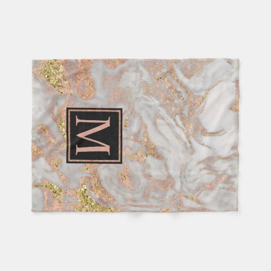 Moderne Imitate Rose Gold Marmor Swirl Monogramm Fleecedecke (Vorderseite (Horizontal))
