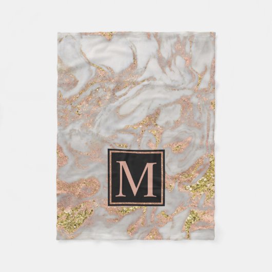 Moderne Imitate Rose Gold Marmor Swirl Monogramm Fleecedecke (Vorderseite)