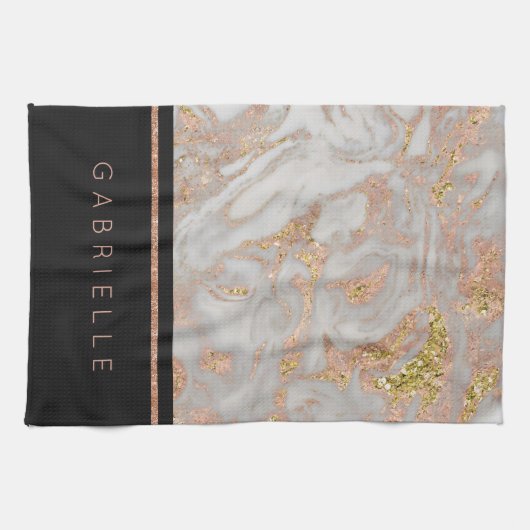 Moderne Imitate Rose Gold Marmor Swirl Monogramm Handtuch (Horizontal)