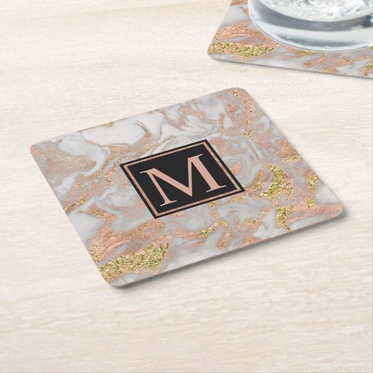 Moderne Imitate Rose Gold Marmor Swirl Monogramm Rechteckiger Pappuntersetzer (angewinkelt)