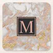 Moderne Imitate Rose Gold Marmor Swirl Monogramm Rechteckiger Pappuntersetzer (Vorderseite)
