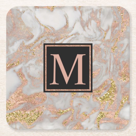 Moderne Imitate Rose Gold Marmor Swirl Monogramm Rechteckiger Pappuntersetzer (Vorderseite)