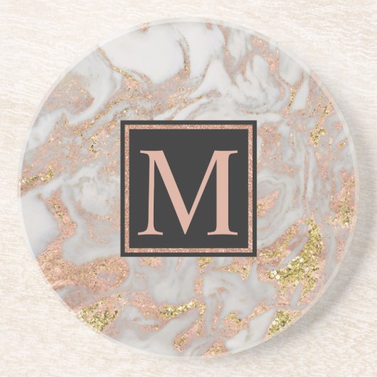 Moderne Imitate Rose Gold Marmor Swirl Monogramm Sandstein Untersetzer (Vorne)