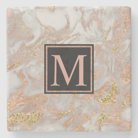 Moderne Imitate Rose Gold Marmor Swirl Monogramm Steinuntersetzer (Vorderseite)