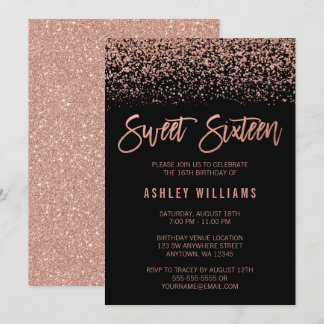 Moderne Imitate Rose Gold Schwarzer Glitzer Sweet Einladung