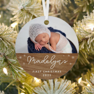 Moderne Imitate Wood Baby's erstes Weihnachtsfest Ornament Aus Metall