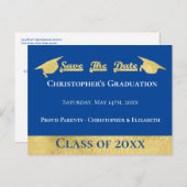 Moderne Imitats Gold Blue Save the Date Graduierun Ankündigungspostkarte (Vorne/Hinten)