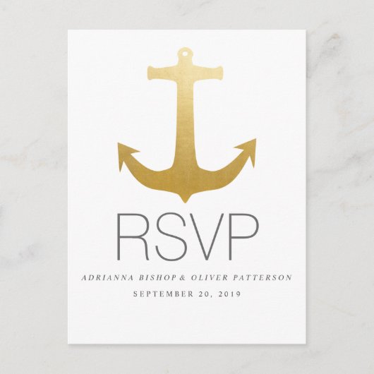Moderne Imitats Gold Foil Anchor Nautical Wedding Einladungspostkarte (Vorderseite)