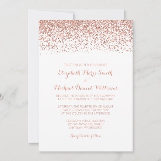 Moderne Imitats Rose Gold Glitzer Hochzeitseinladu Einladung (Vorderseite)