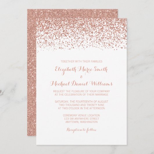 Moderne Imitats Rose Gold Glitzer Hochzeitseinladu Einladung (Vorne/Hinten)