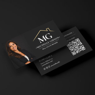 Moderne Immobilienmakler-Foto QR Schwarz Visitenkarte