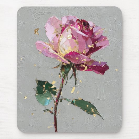 Moderne impressionistische Goldblatt-Rosa-Rosenölf Mousepad (Vorne)