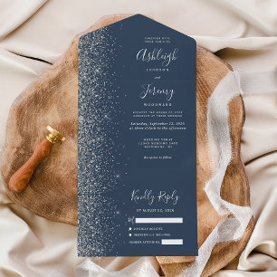 Moderne Indigo Blau Silber Glitter Hochzeit All In One Einladung