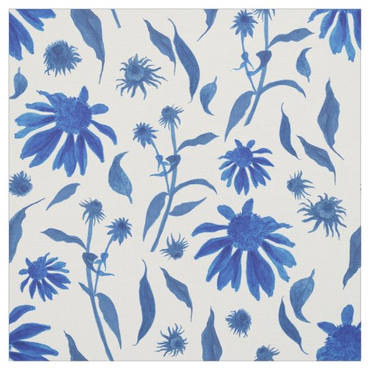 Moderne Indigo Blue Cone Blume auf Weiß Stoff (Muster)