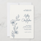 Moderne Indigo Blue Foliage Kontur Hochzeit Einladung (Vorderseite)
