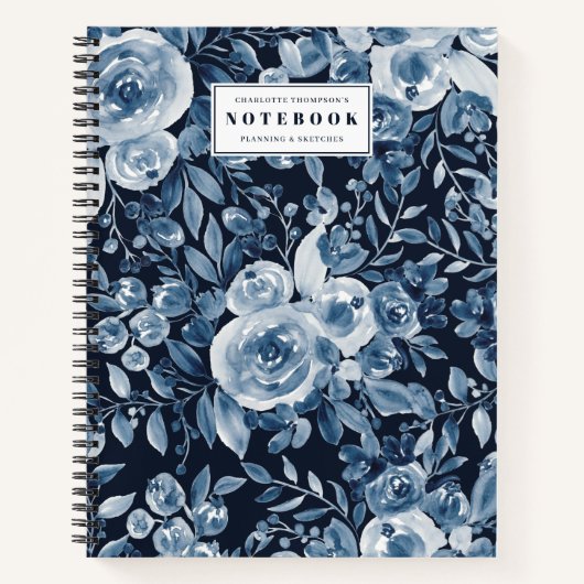 moderne indigo floral wassercolor name marineblau notizblock (Vorderseite)