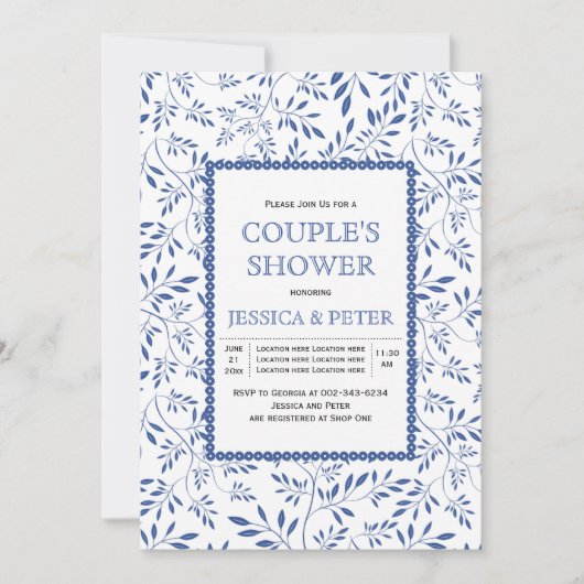 Moderne indigoblaue Blätter Hochzeitspaare Dusche Einladung (Vorderseite)