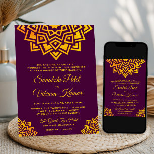 Moderne indische Hochzeitseinladung im Pflaumen-Go Einladung