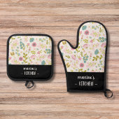 Moderne, individuell gestaltete farbenfrohe Blumen Ofenhandschuh & Topflappen-Set