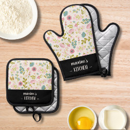 Moderne, individuell gestaltete farbenfrohe Blumen Ofenhandschuh & Topflappen-Set