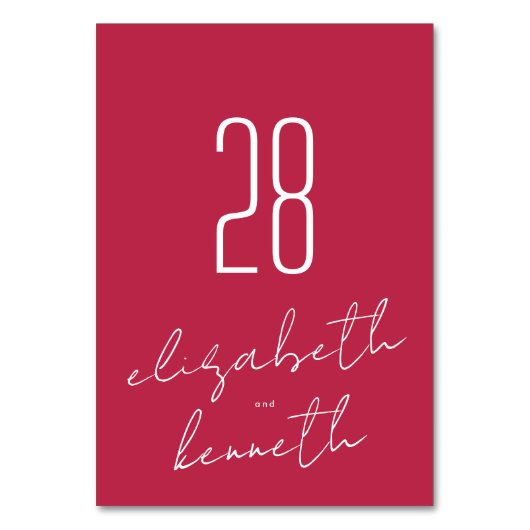 Moderne Individuelle Name Red Magenta Wedding Tischnummer (Rückseite)