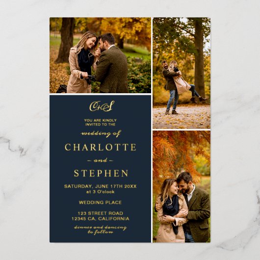 Moderne Initialen 4 Fotos Gitter Hochseeflotte Gol Folieneinladung (Vorderseite)