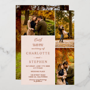 Moderne Initialen 4 Fotos Grid Hochzeit rot Rosa Folieneinladung