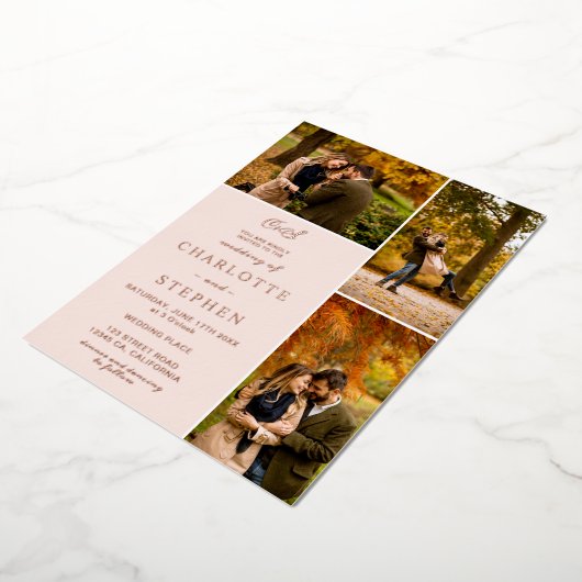 Moderne Initialen 4 Fotos Grid Hochzeit rot Rosa Folieneinladung (Gedreht)