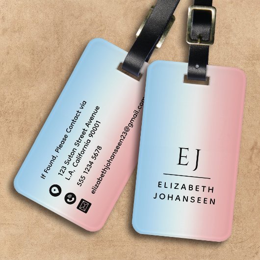 Moderne Initialen Monogram Blue Pink White Gradien Gepäckanhänger
