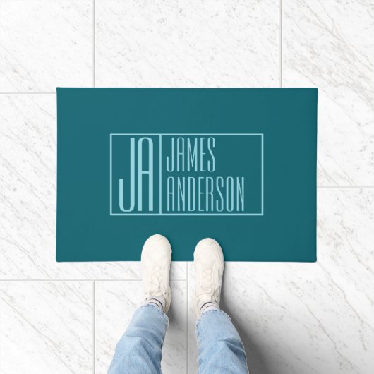 Moderne Initialen & Name | Dunkles Teal & Hellblau Fußmatte (Indoor)