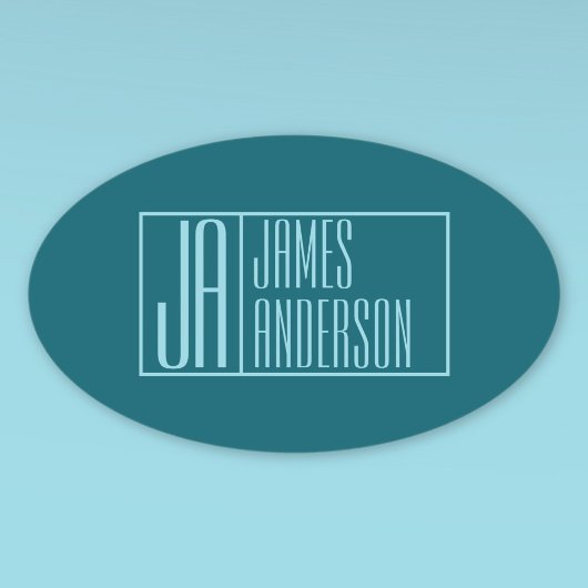 Moderne Initialen & Name | Dunkles Teal & Hellblau Ovaler Aufkleber