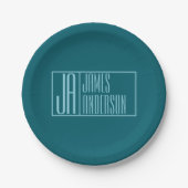 Moderne Initialen & Name | Dunkles Teal & Hellblau Pappteller (Vorderseite)