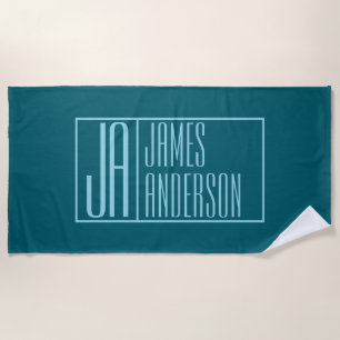 Moderne Initialen & Name   Dunkles Teal & Hellblau Strandtuch