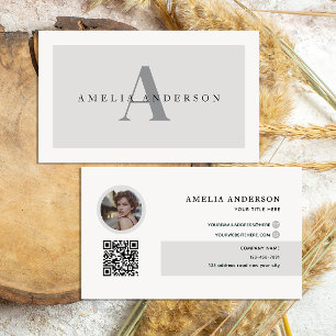 Moderne Initialen Name Graues Foto QR Code Visitenkarte