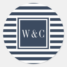 Moderne Initials Monogram Navy Blue White Strip Runder Aufkleber